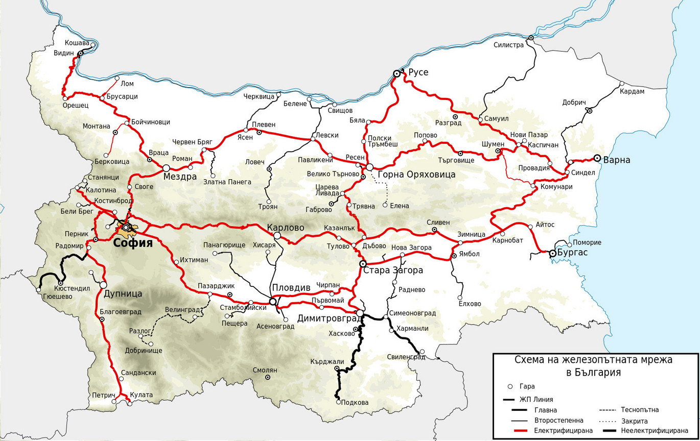 Карта на Бългрия с всички железопътни линии